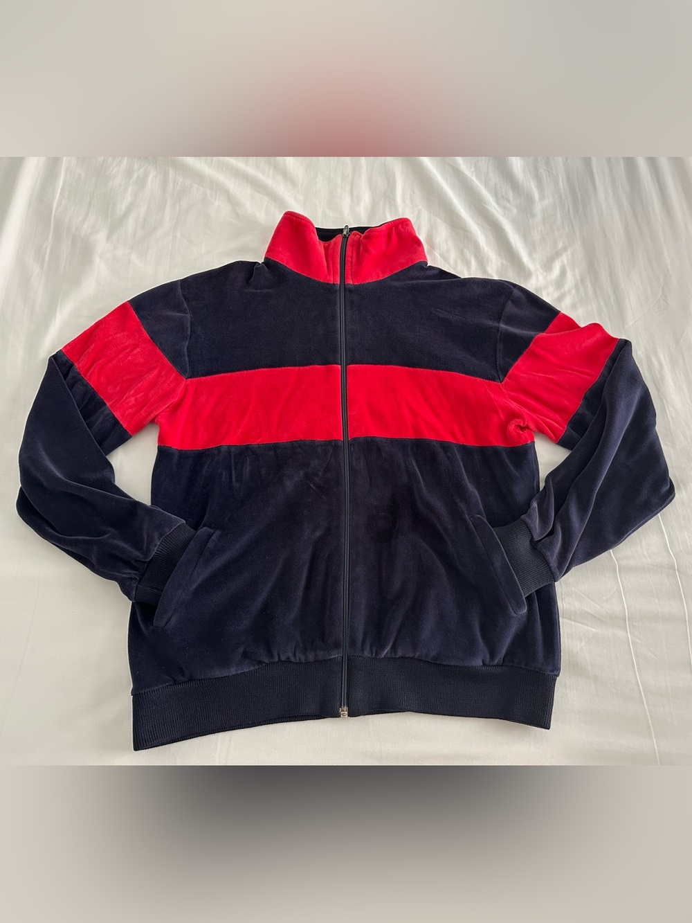 Neiman Marcus Navy and Red Striped Velour Zippy